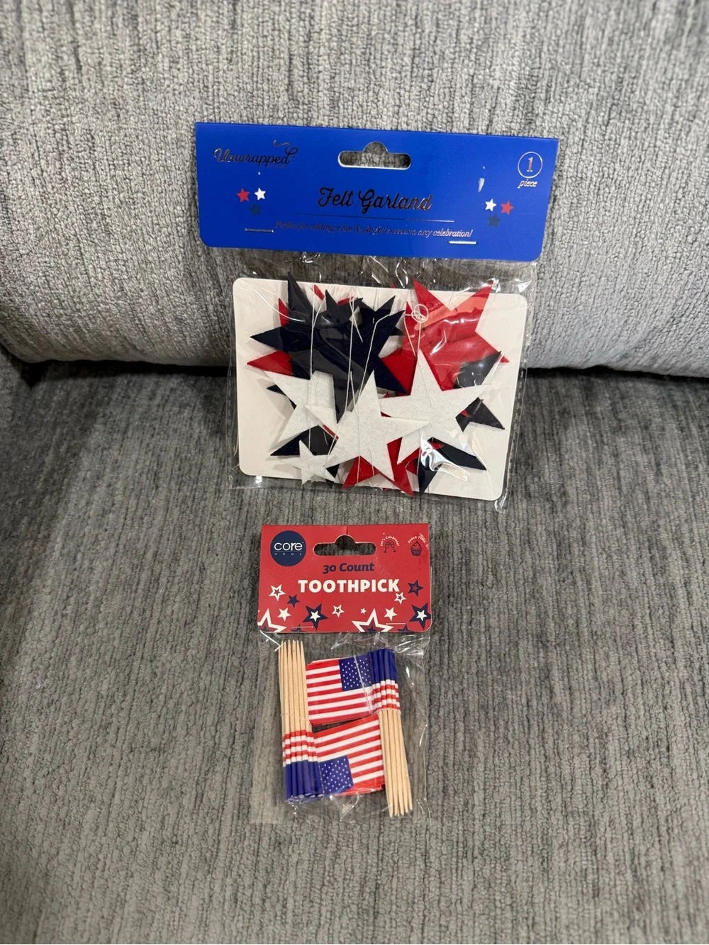 Unwrapped Felt Star Garland & Core Flag Toothpicks - Red, White & Blue Party Set